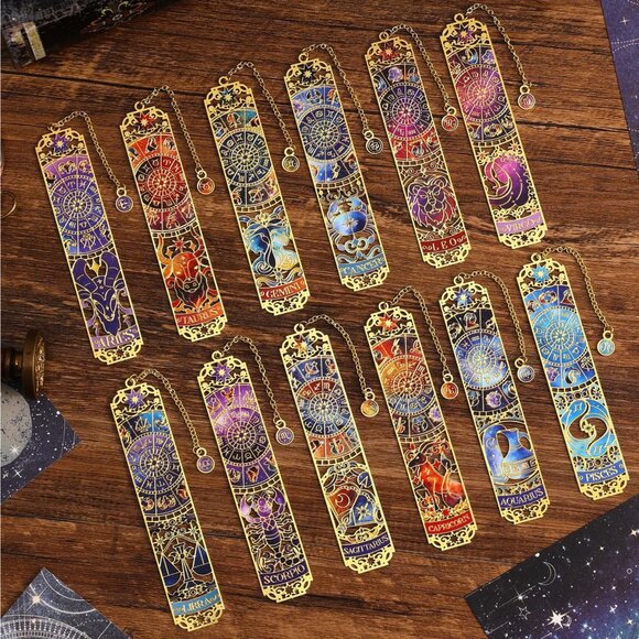 $8 LIVE! Zodiac metal work bookmarks w/ enamel & golden detailing & zodiac charm - Picture 1 of 3